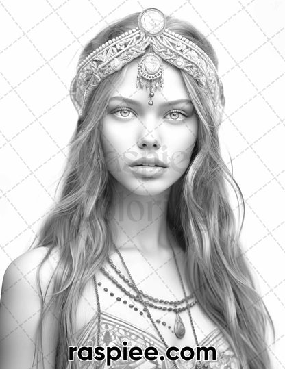 60 Bohemian Beauties Grayscale Coloring Pages for Adults, Printable PDF Instant Download