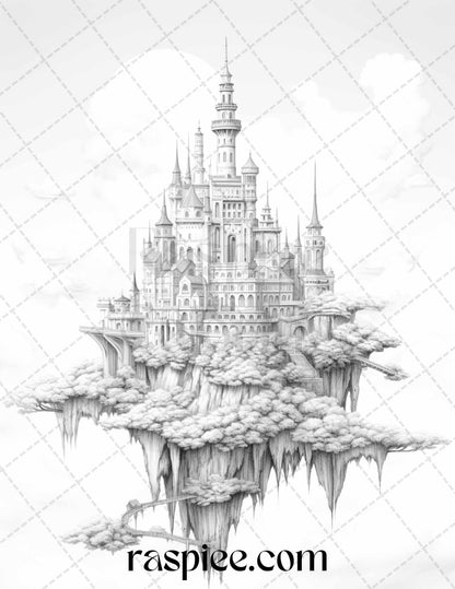 Floating Castle in the Sky Grayscale Coloring Pages for Adults, Printable PDF File Instant Download