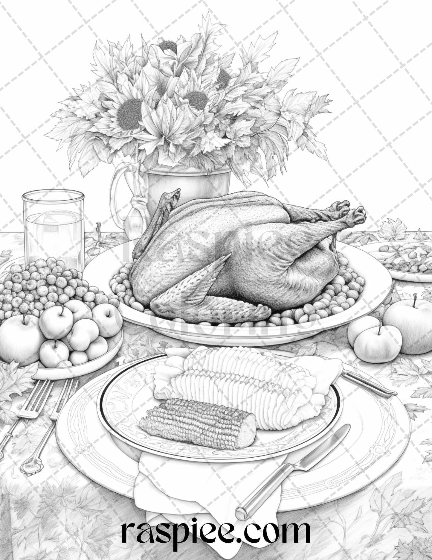 Thanksgiving Dinner Grayscale Coloring Pages for Adults, Relaxing Fall Coloring Sheets, Printable PDF File Instant Download