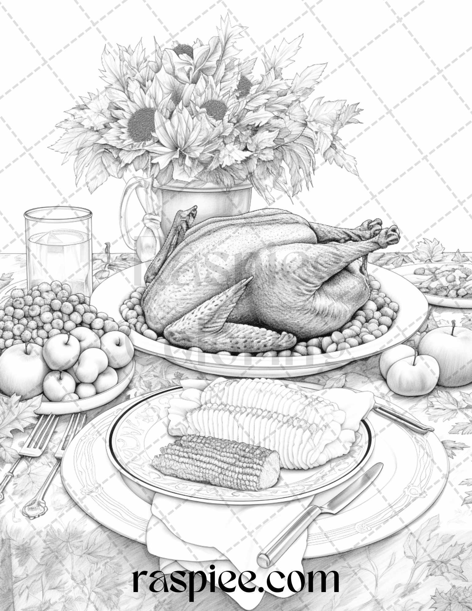 Thanksgiving Dinner Grayscale Coloring Pages for Adults, Relaxing Fall Coloring Sheets, Printable PDF File Instant Download