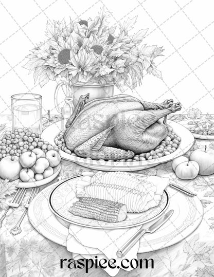 Thanksgiving Dinner Grayscale Coloring Pages for Adults, Relaxing Fall Coloring Sheets, Printable PDF File Instant Download