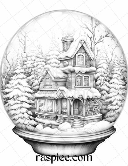 Cozy Cabin in Snow Globe Grayscale Coloring Pages Printable for Adults, PDF File Instant Download
