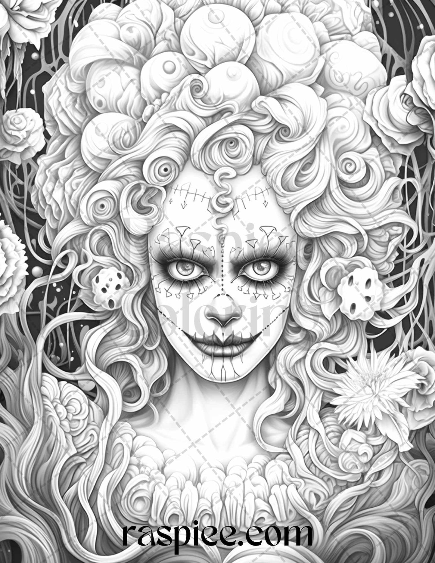50 Scary Clown Girls Grayscale Coloring Pages Printable for Adults, PDF File Instant Download