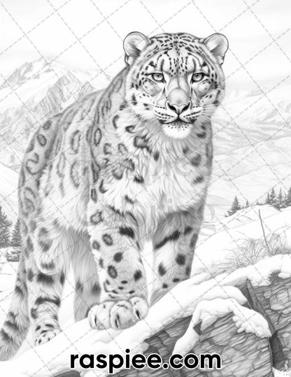 55 Winter Wildlife Grayscale Coloring Pages for Adults, Printable PDF Instant Download