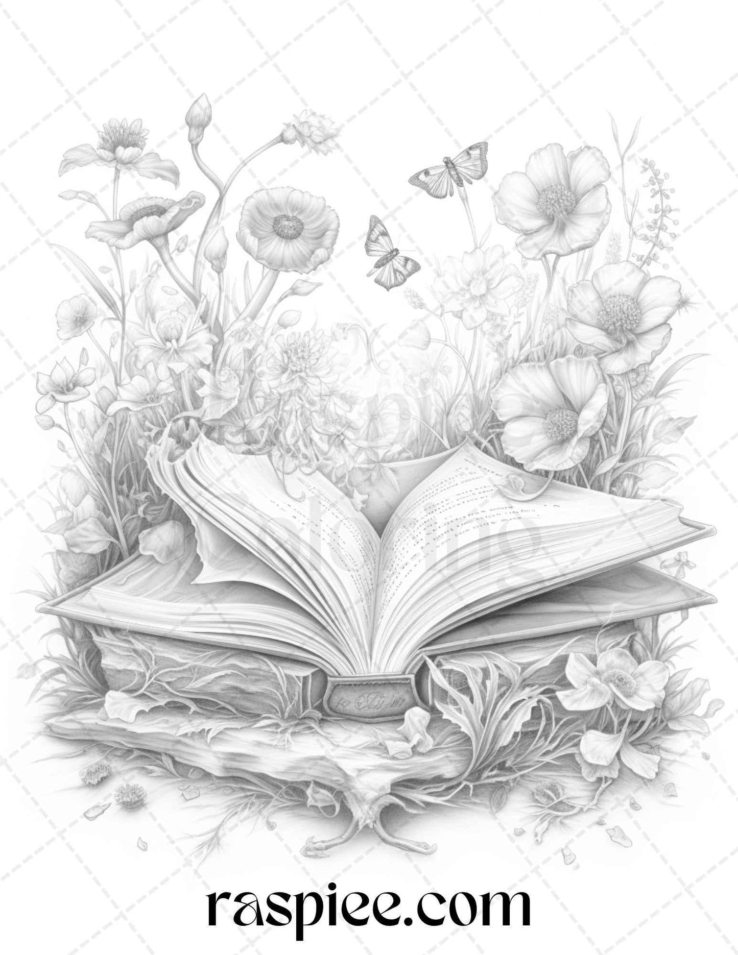 50 Magical Books Grayscale Coloring Pages Printable for Adults, PDF File Instant Download