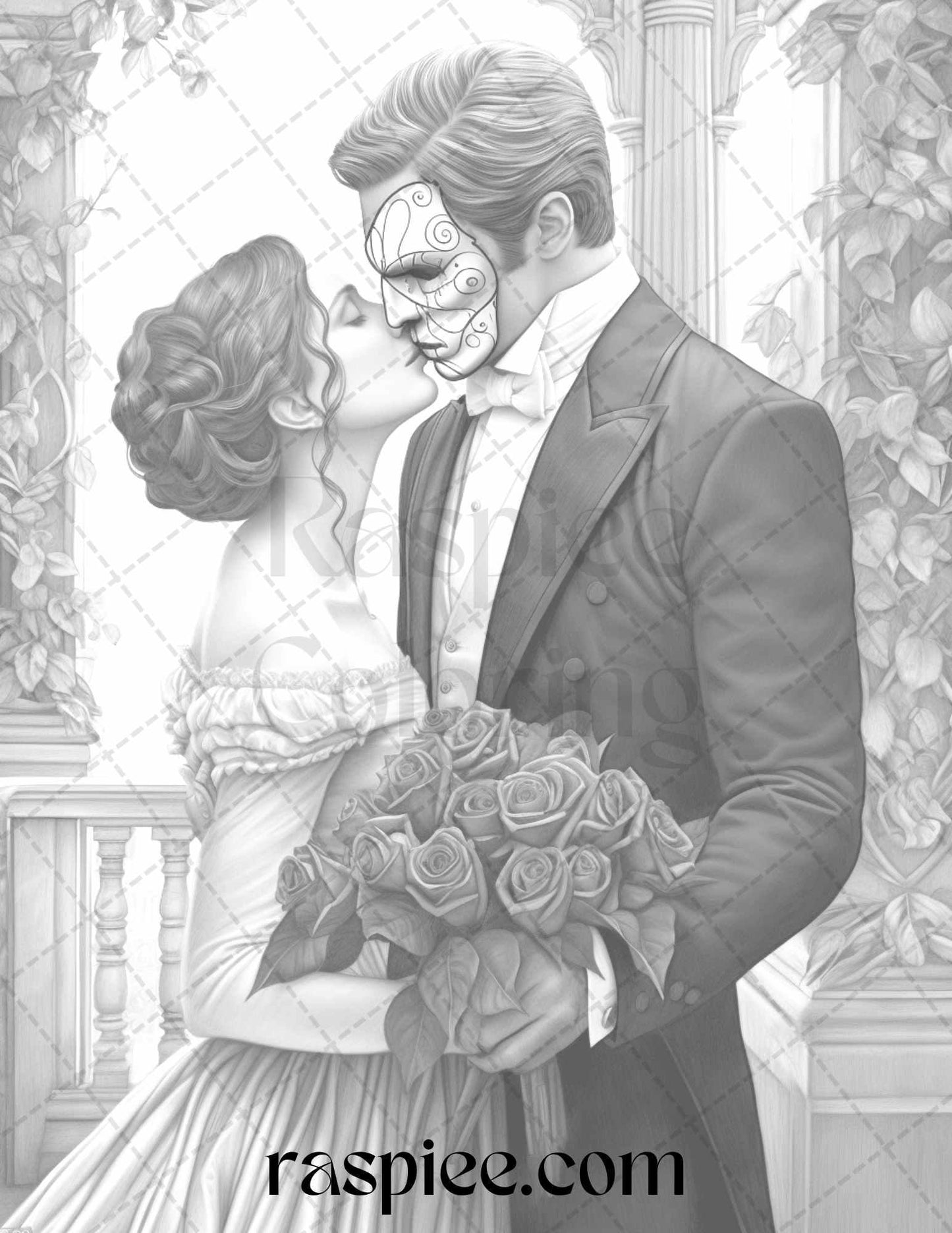 Phantom of the Opera Grayscale Coloring Pages Printable for Adults, PDF File Instant Download