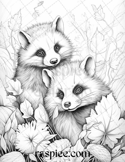 Autumn Animals Grayscale Coloring Pages for Adults and Kids, Printable PDF File Instant Download