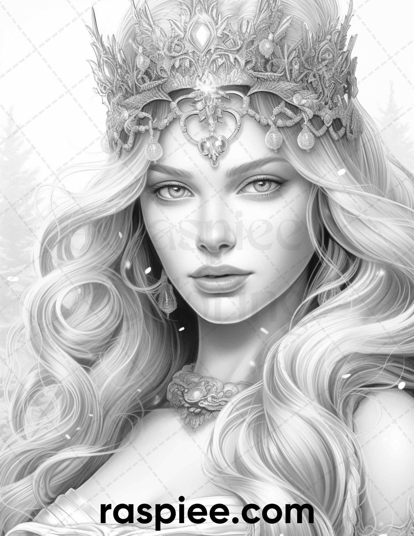 50 Winter Queens Portrait Grayscale Coloring Pages Printable for Adults, PDF File Instant Download