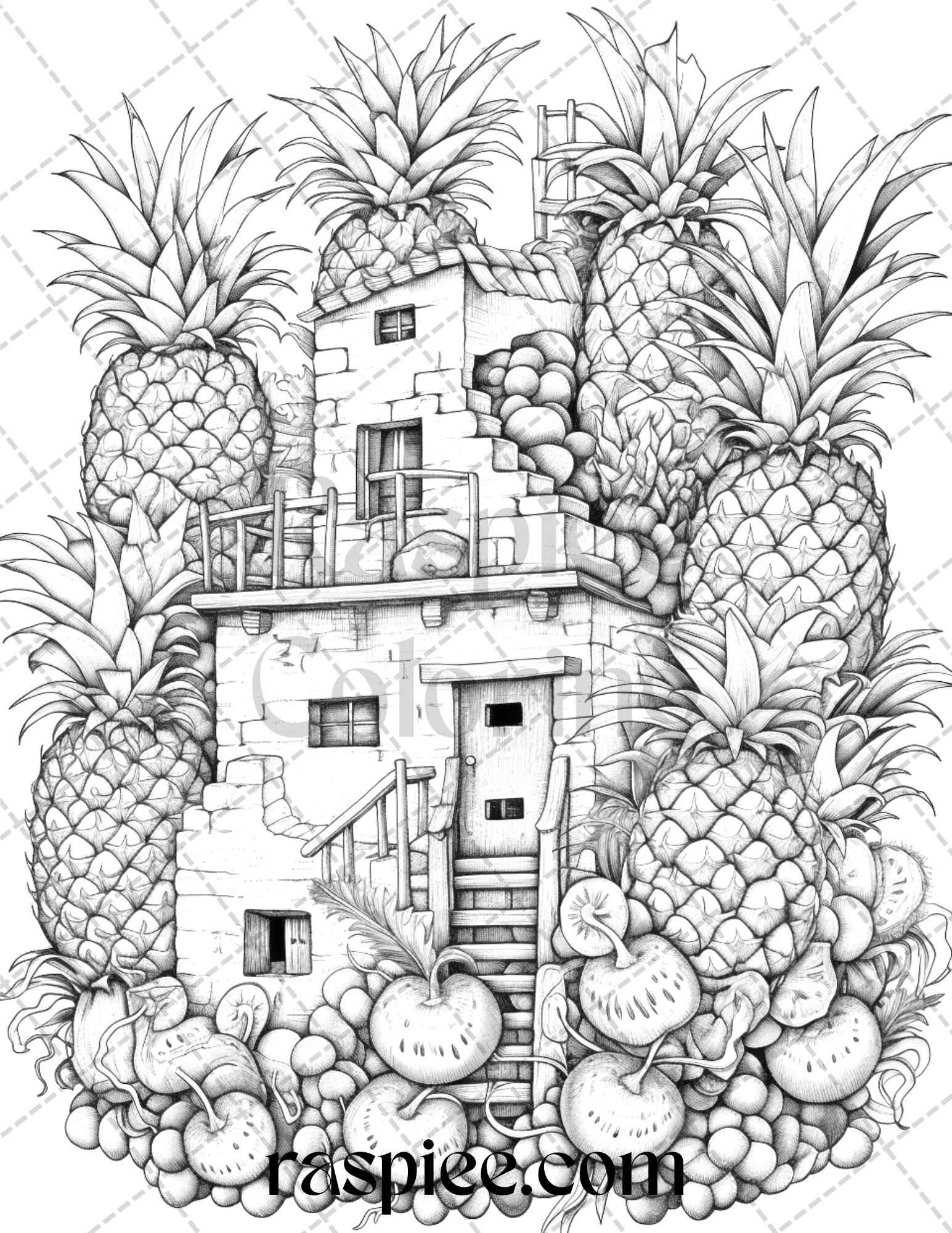 50 Pineapple Houses Grayscale Coloring Pages Printable for Adults, PDF File Instant Download