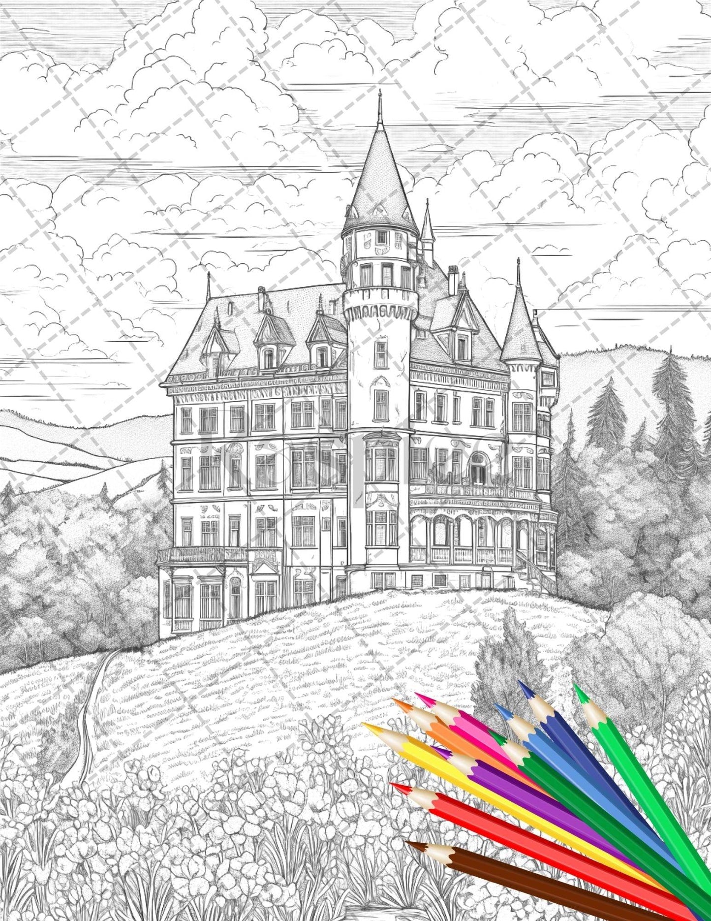 122 Fantasy Castles Coloring Book for Adults, Grayscale Coloring Page, Printable PDF Instant Download
