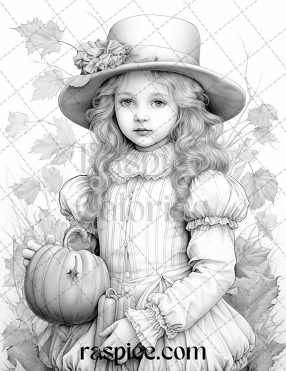 60 Victorian Autumn Portrait Grayscale Coloring Pages Printable for Adults, PDF File Instant Download