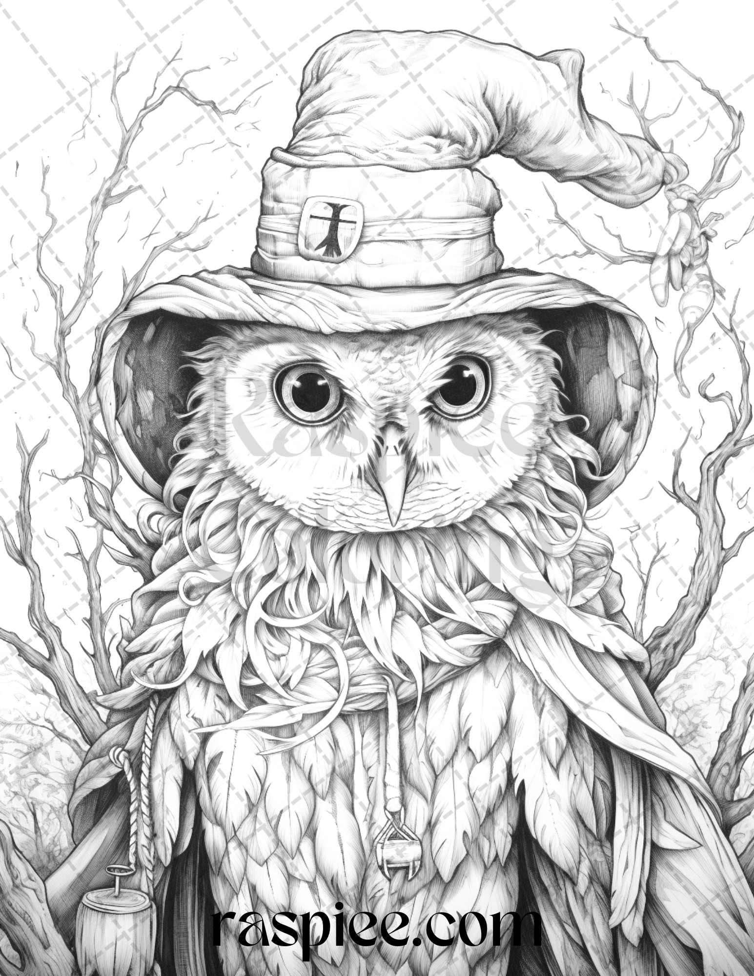 Halloween Witch Owl Grayscale Coloring Pages for Adults and Kids, Printable PDF Instant Download