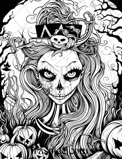 50 Spooky Miss Nightmare Grayscale Coloring Pages Printable for Adults, PDF File Instant Download