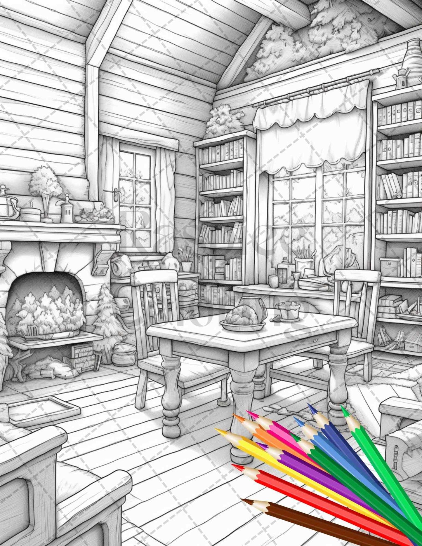 Cozy Cabin Interior Grayscale Coloring Pages Printable for Adults, PDF File Instant Download