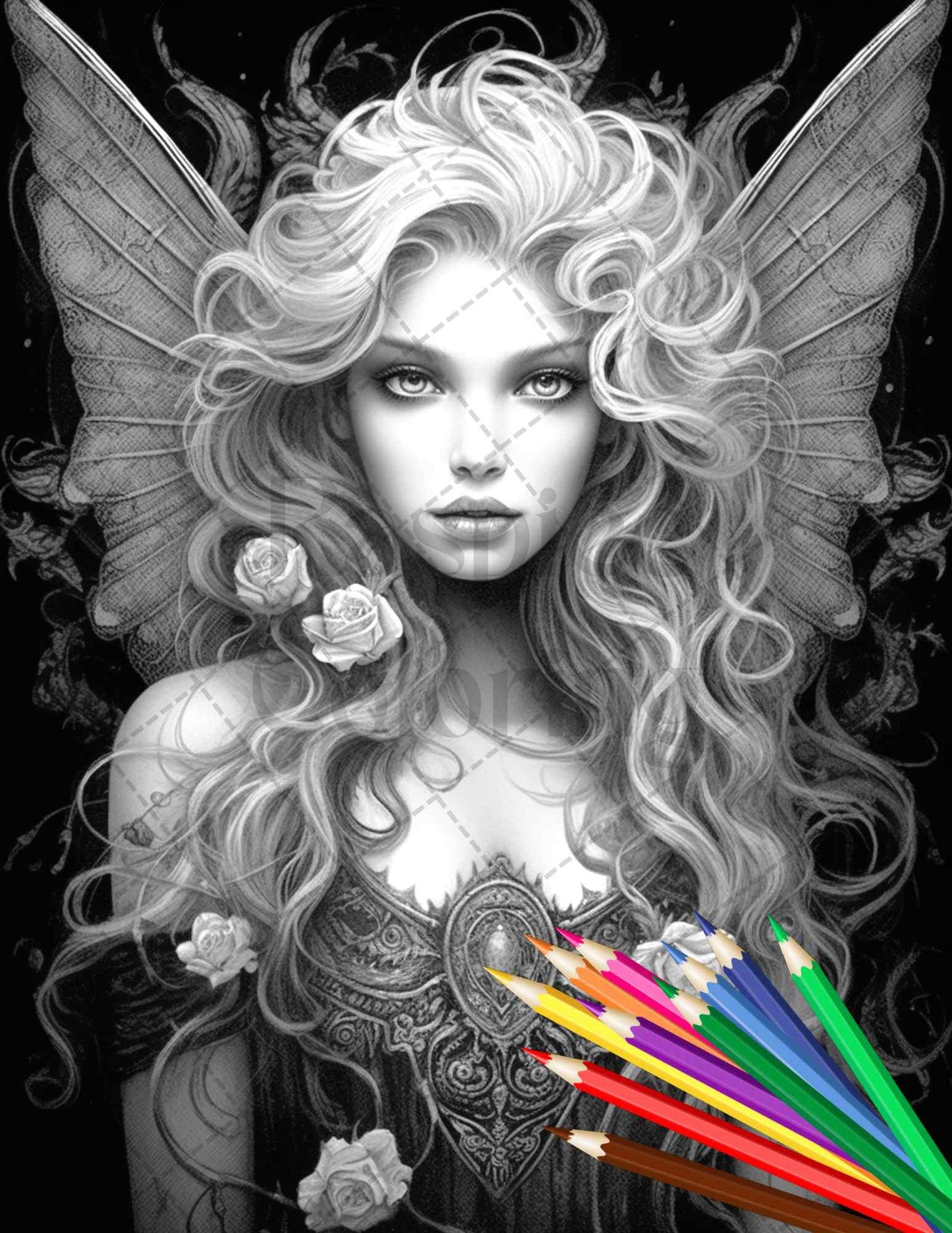 Beautiful Dark Fairy Grayscale Coloring Pages Printable for Adults, PDF File Instant Download