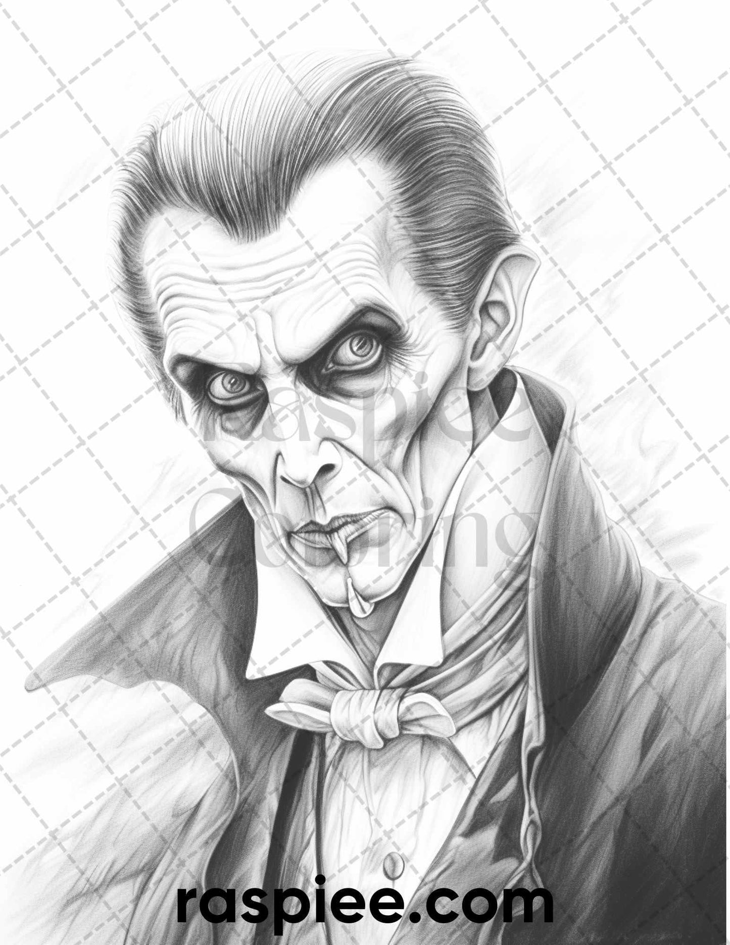 50 Count Dracula Grayscale Coloring Pages Printable for Adults, PDF File Instant Download