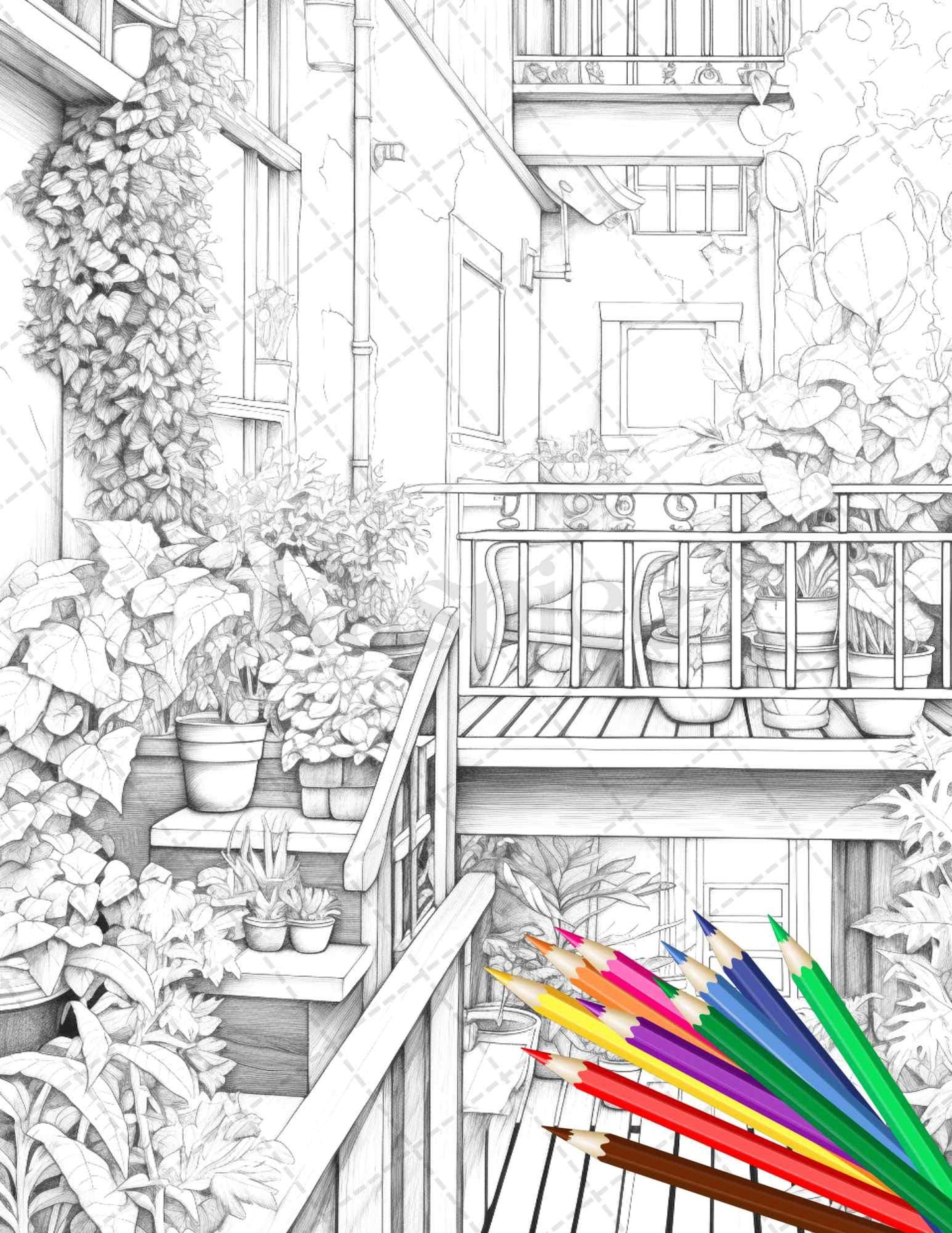 Charming Balcony Garden Grayscale Coloring Pages Printable for Adults, PDF File Instant Download