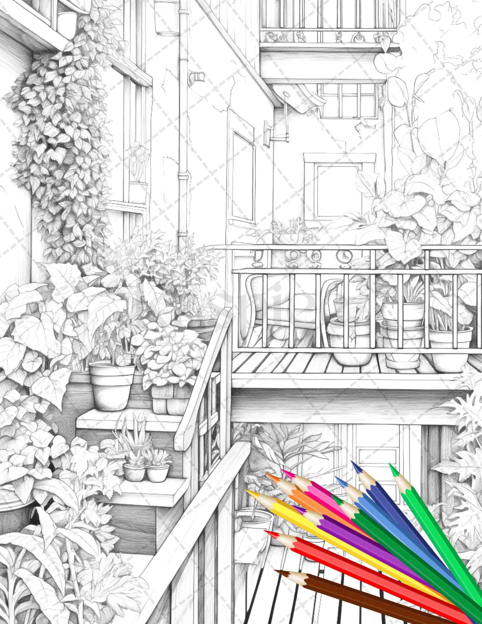 Charming Balcony Garden Grayscale Coloring Pages Printable for Adults, PDF File Instant Download