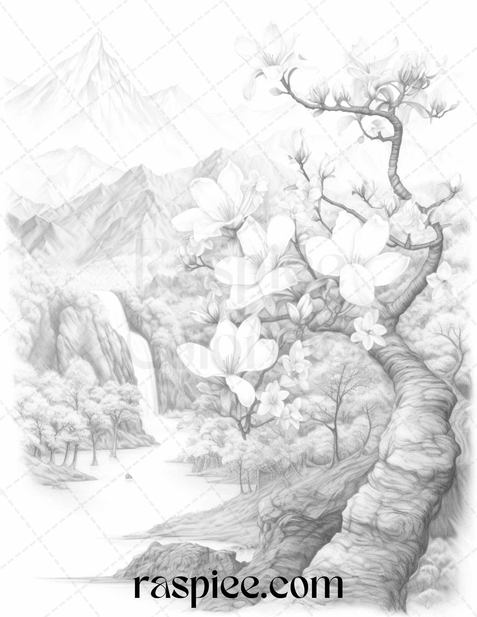 60 Mountain Flower Landscapes Grayscale Coloring Pages Printable for Adults, PDF File Instant Download