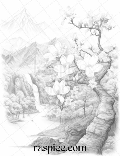 60 Mountain Flower Landscapes Grayscale Coloring Pages Printable for Adults, PDF File Instant Download