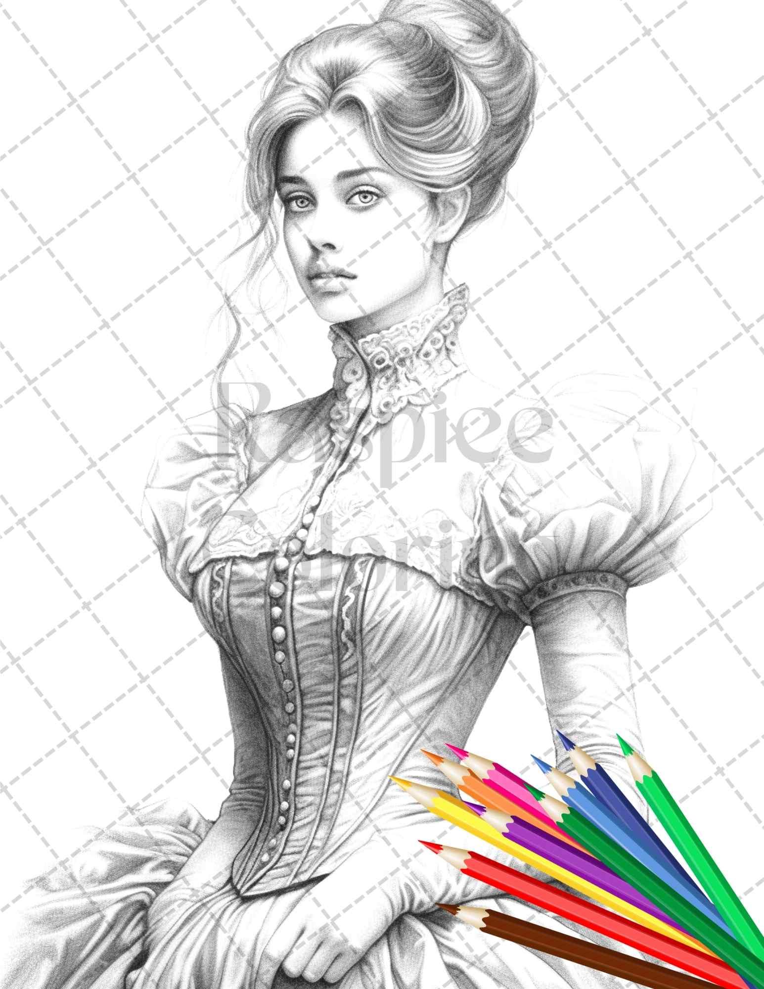 50 Victorian Fashion Grayscale Coloring Pages Printable for Adults, PDF File Instant Download