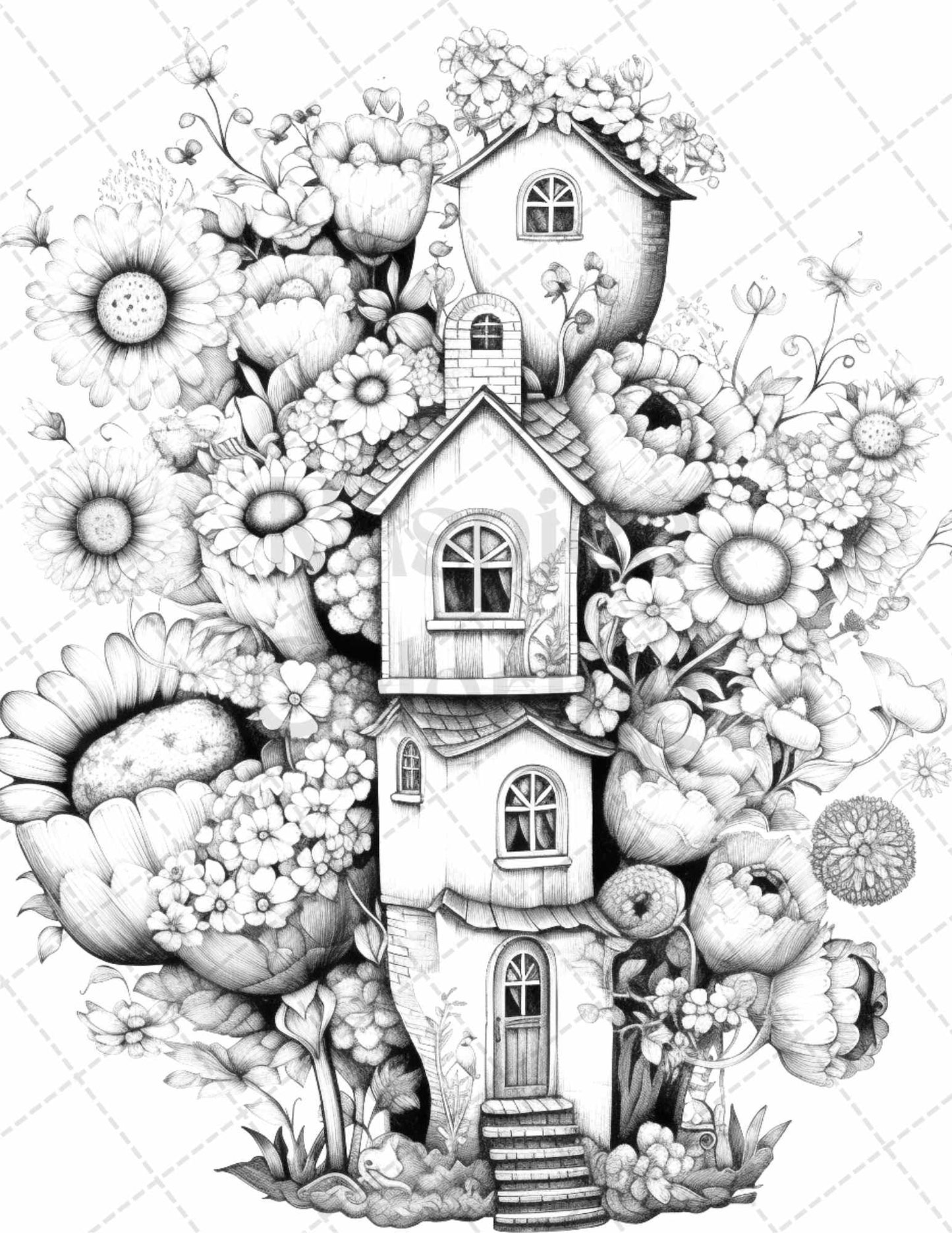 60 Flower Houses Grayscale Coloring Pages Printable for Adults, PDF File Instant Download