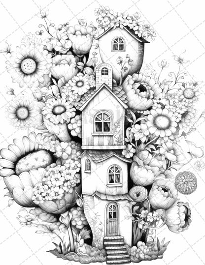 60 Flower Houses Grayscale Coloring Pages Printable for Adults, PDF File Instant Download