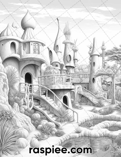 55 Desert Oasis Fairy Homes Grayscale Coloring Pages for Adults, Printable PDF Instant Download