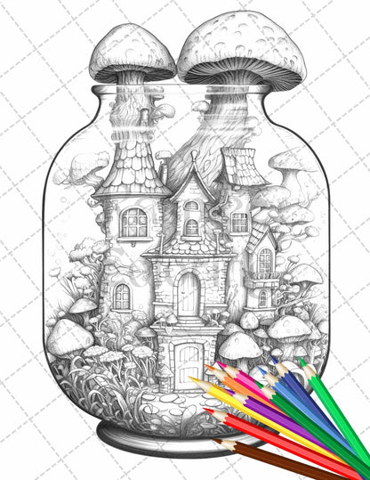 Fairy House in Jar Grayscale Coloring Pages Printable for Adults, PDF File Instant Download