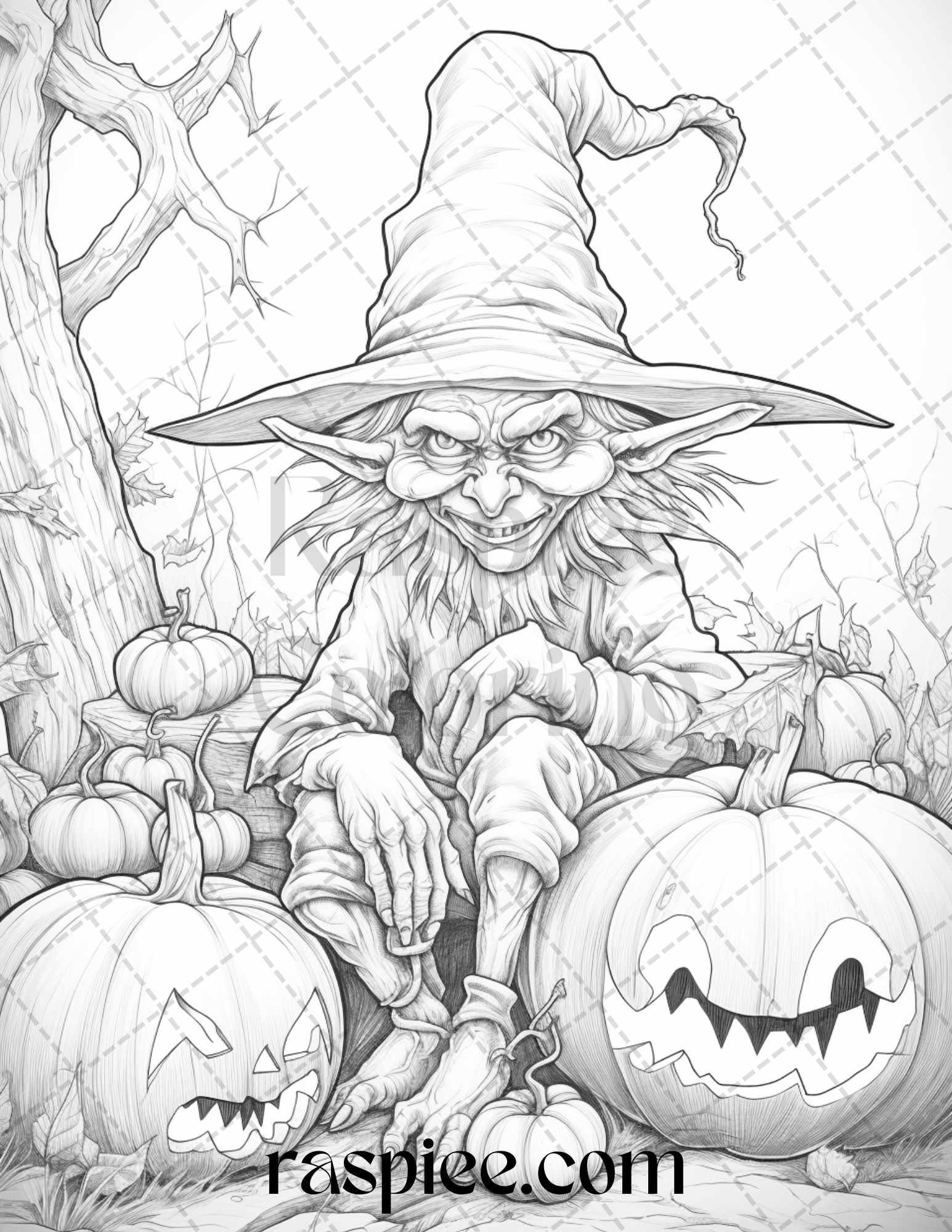 50 Halloween Goblin Grayscale Coloring Pages Printable for Adults, PDF File Instant Download