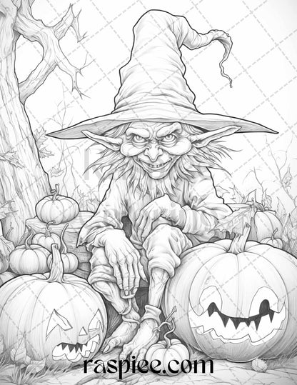 50 Halloween Goblin Grayscale Coloring Pages Printable for Adults, PDF File Instant Download
