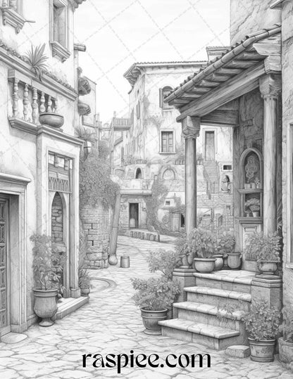 Roman Architecture Grayscale Coloring Pages Printable for Adults, PDF File Instant Download