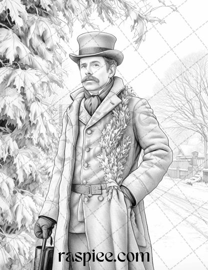 60 Victorian Winter Portrait Grayscale Coloring Pages Printable for Adults, PDF File Instant Download