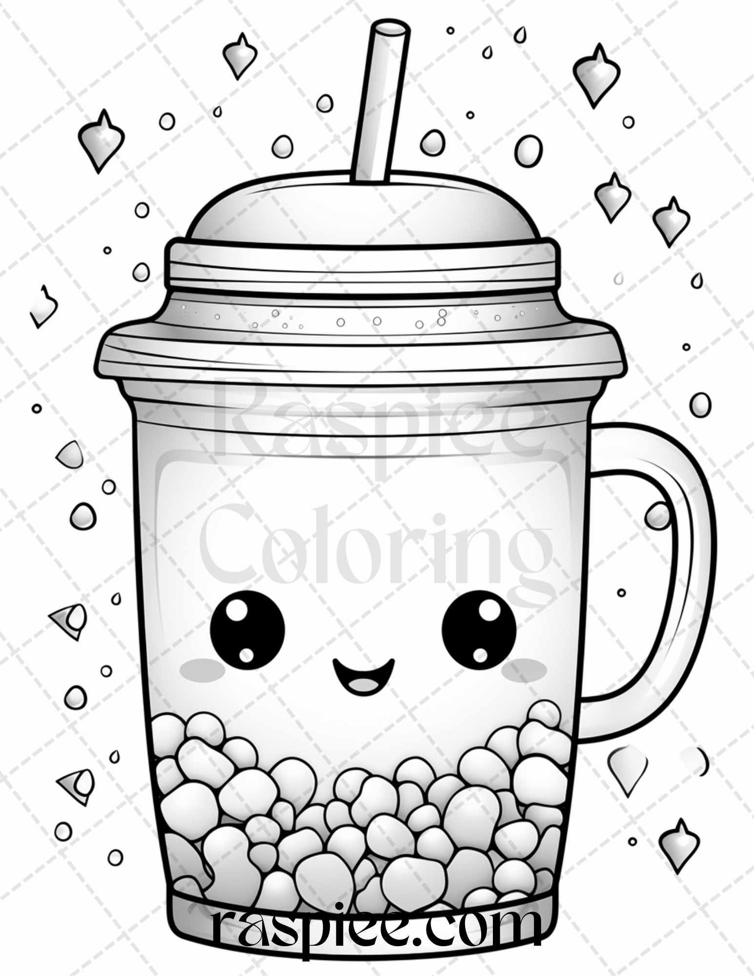 50 Cute Kawaii Boba Tea Grayscale Coloring Pages for Adults and Kids, Printable PDF File Instant Download