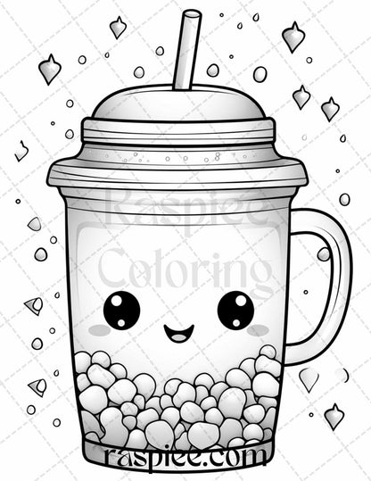 50 Cute Kawaii Boba Tea Grayscale Coloring Pages for Adults and Kids, Printable PDF File Instant Download