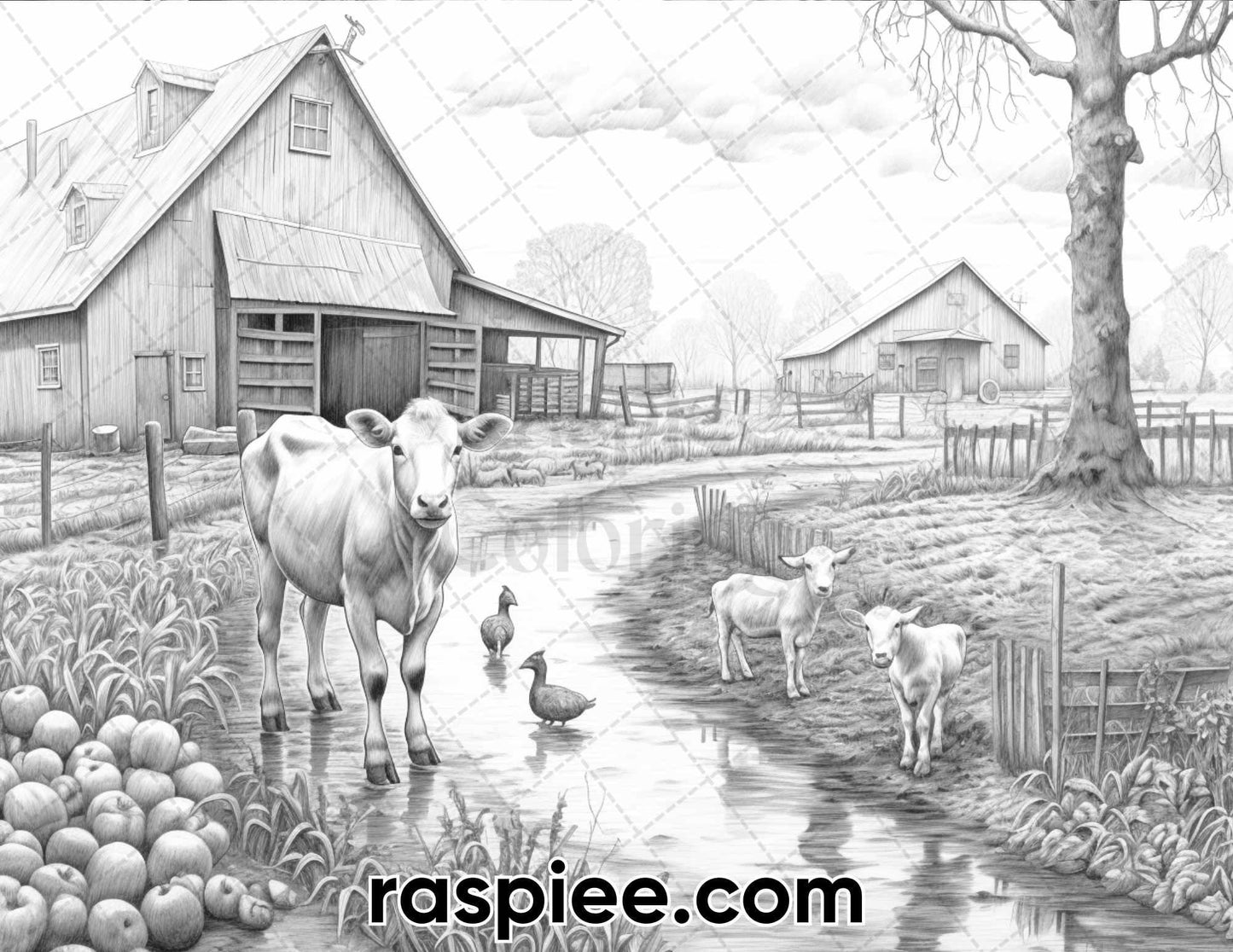 60 Spring Rainy Day Landscapes Grayscale Adult Coloring Pages, Printable PDF Instant Download