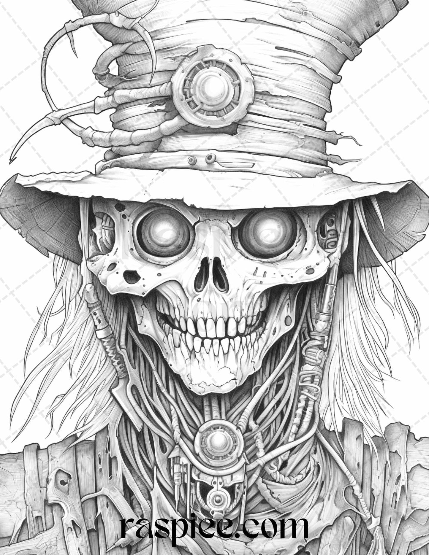 53 Scary Steampunk Scarecrows Grayscale Coloring Pages Printable for Adults, PDF File Instant Download