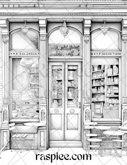 50 Cozy Coffee Shop Grayscale Coloring Pages Printable for Adults, PDF File Instant Download