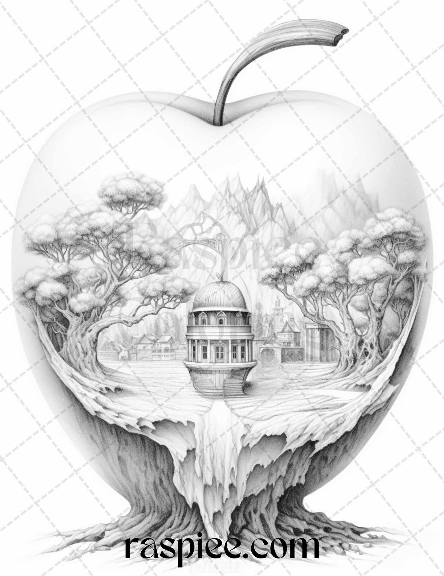 60 Miniworld in the Apple Grayscale Coloring Pages Printable for Adults, PDF File Instant Download