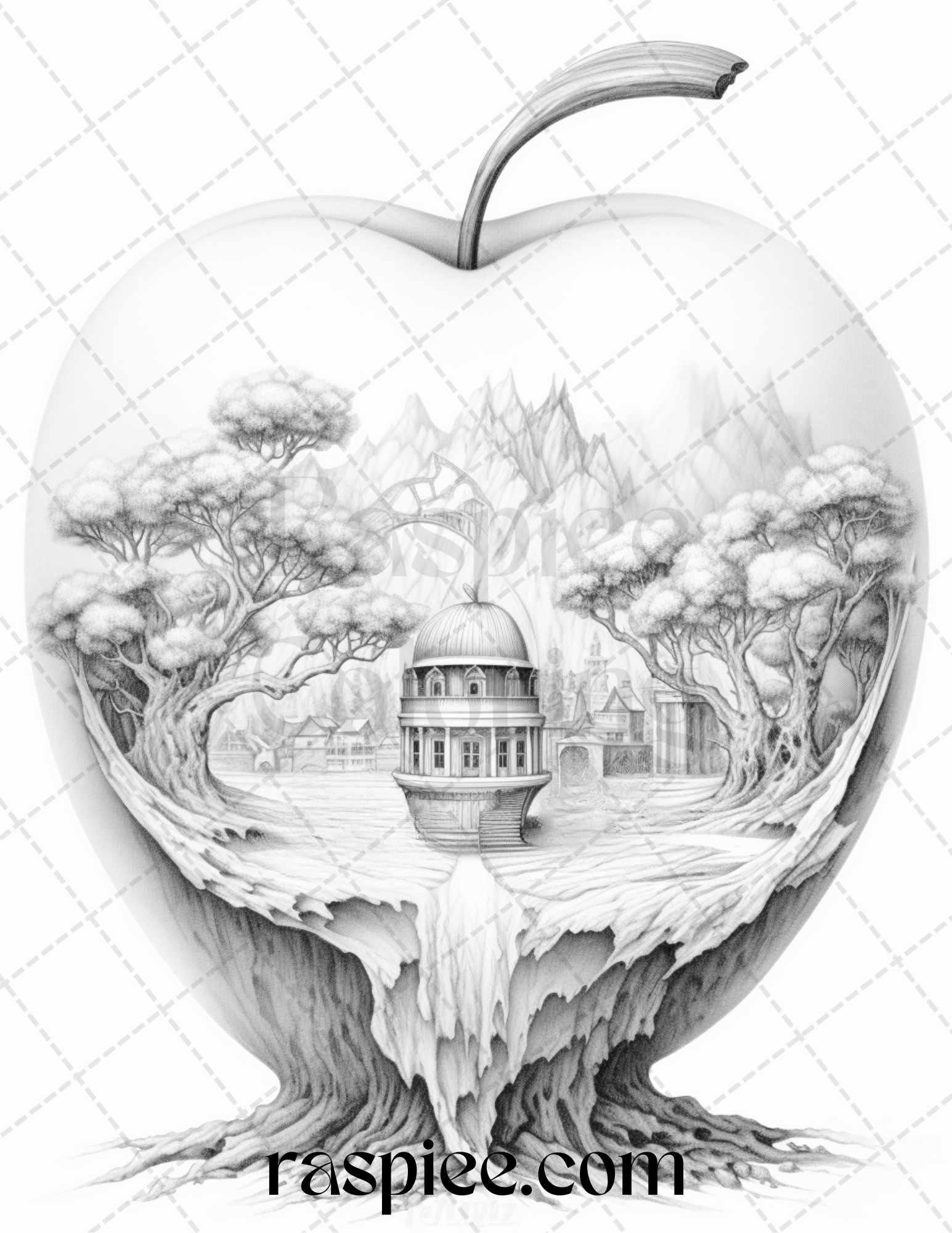 60 Miniworld in the Apple Grayscale Coloring Pages Printable for Adults, PDF File Instant Download