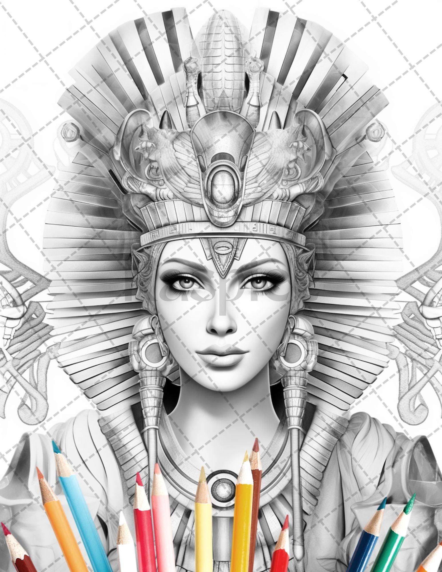 35 Ancient Egyptian Queens Coloring Book Printable for Adults, Grayscale Coloring Page, PDF File Instant Download