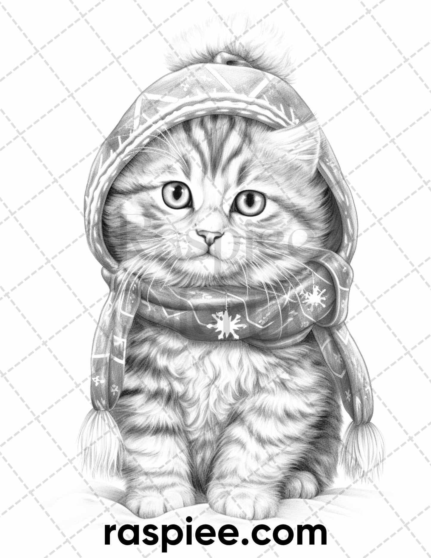 40 Christmas Cats Grayscale Coloring Pages for Adults, Printable PDF Instant Download