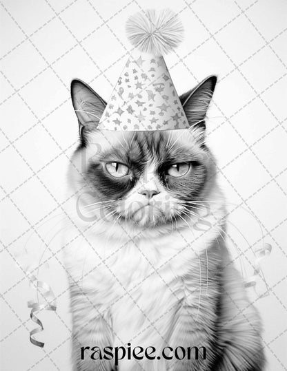 50 Grumpy Cat Grayscale Coloring Pages Printable for Adults, PDF File Instant Download