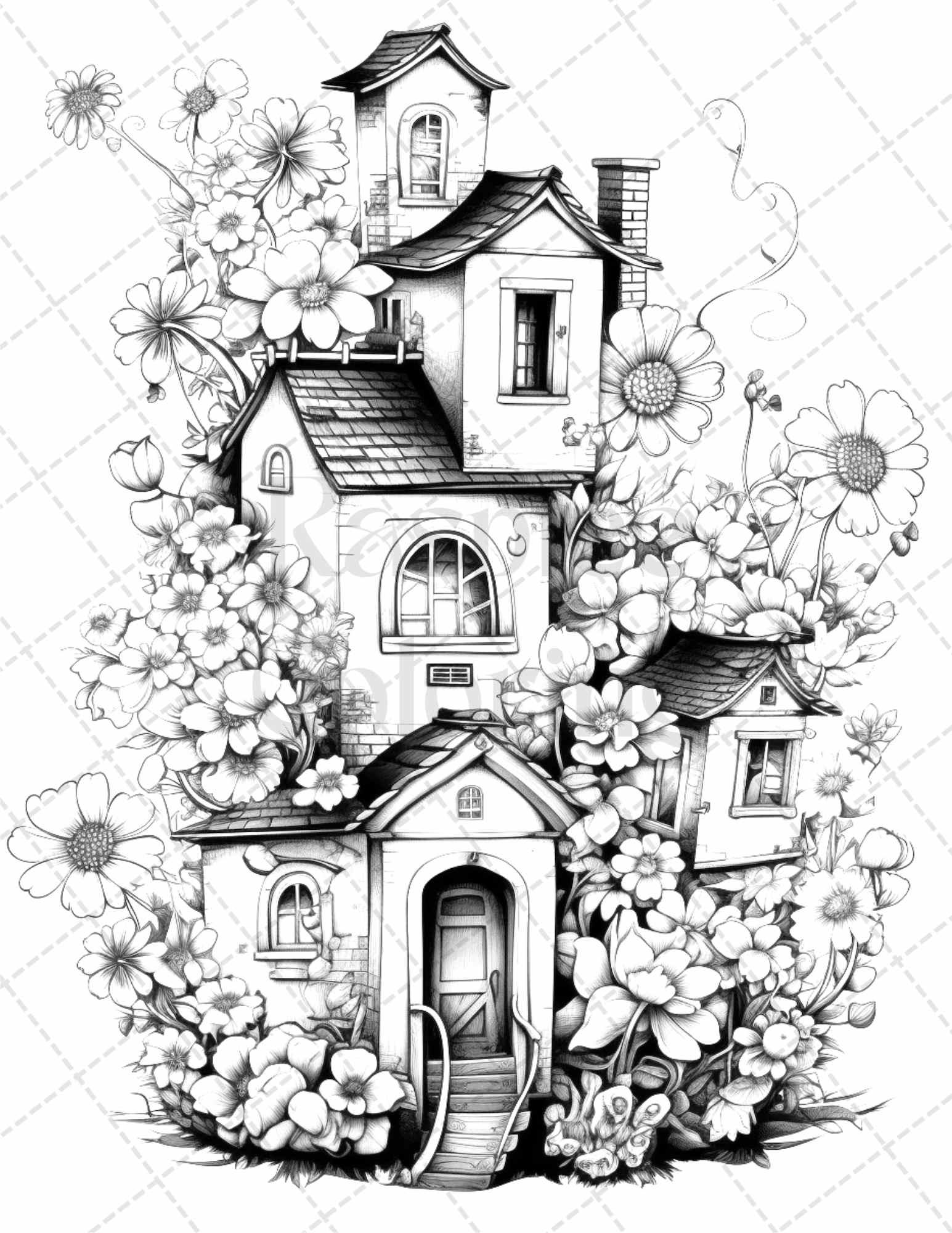 60 Flower Houses Grayscale Coloring Pages Printable for Adults, PDF File Instant Download
