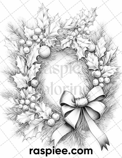 60 Merry Christmas Grayscale Coloring Pages Printable for Adult, Holiday Relaxation Art, PDF File Instant Download