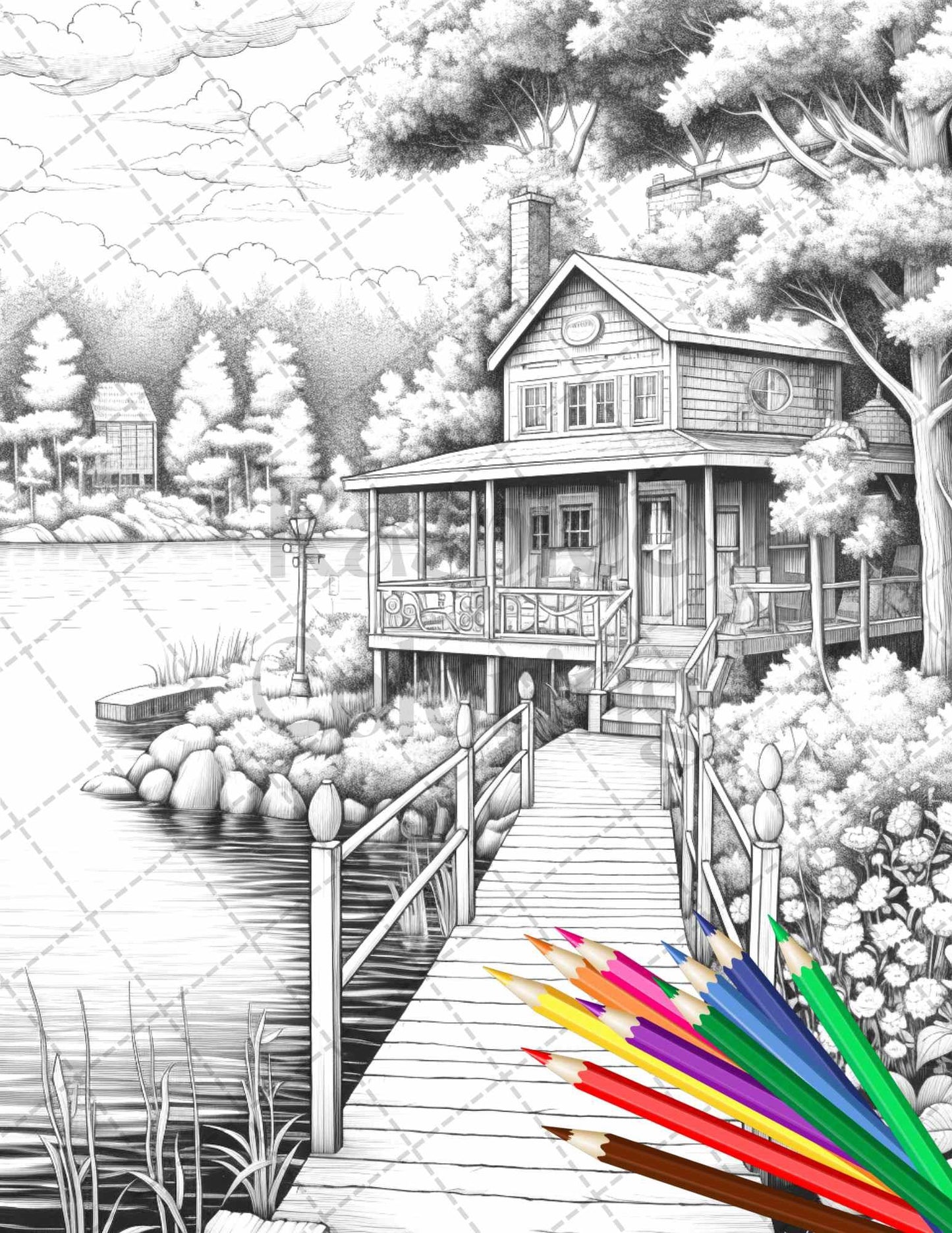Lake Cabin Scenery Grayscale Coloring Pages Printable for Adults, PDF File Instant Download