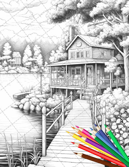 Lake Cabin Scenery Grayscale Coloring Pages Printable for Adults, PDF File Instant Download