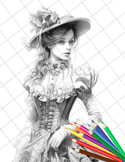 50 Victorian Fashion Grayscale Coloring Pages Printable for Adults, PDF File Instant Download