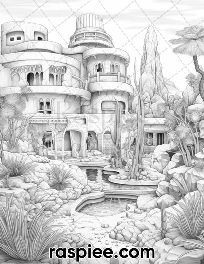 55 Desert Oasis Fairy Homes Grayscale Coloring Pages for Adults, Printable PDF Instant Download