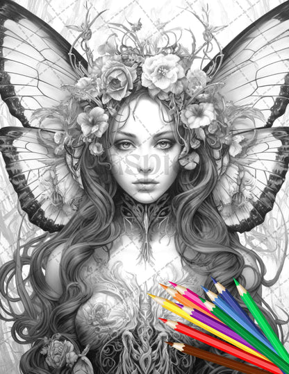 Beautiful Dark Fairy Grayscale Coloring Pages Printable for Adults, PDF File Instant Download